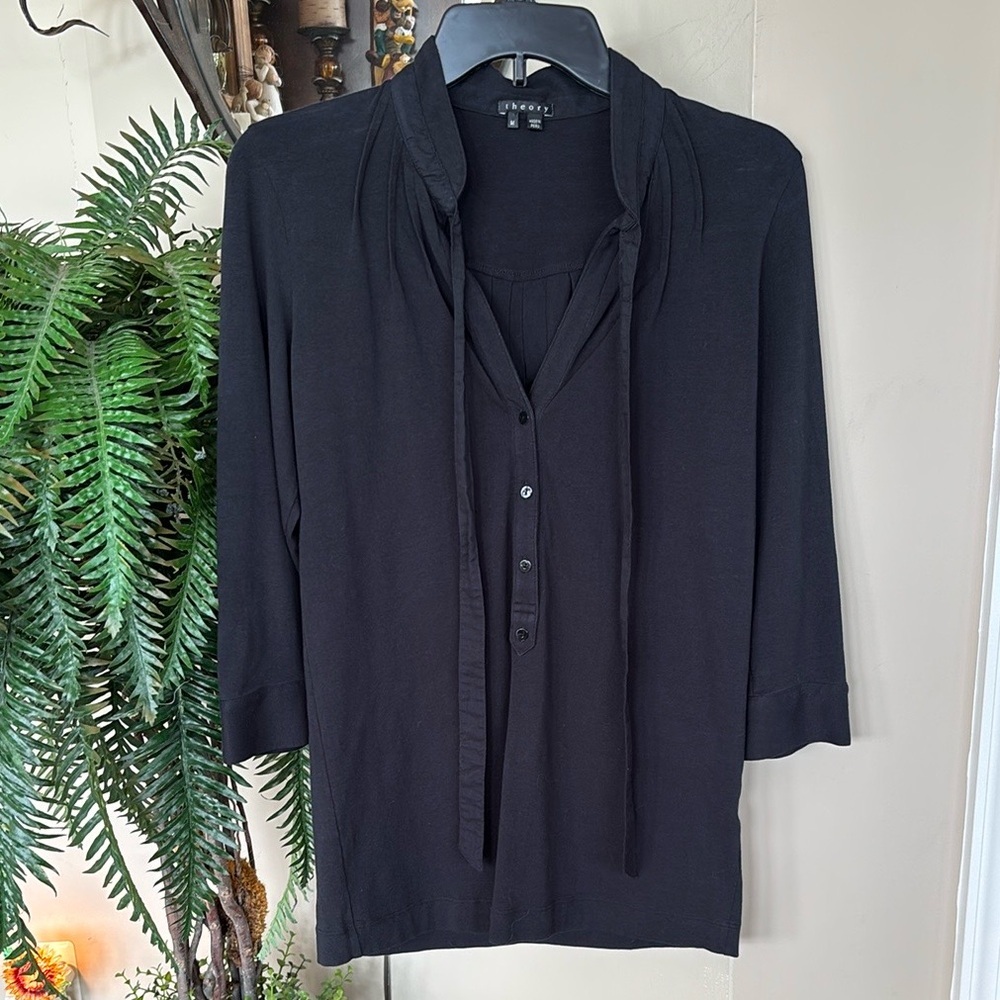 THEORY Collared Knit Black Tunic Button Front 3/4 Sleeve Tie Bow Cotton Top
